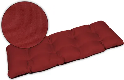 A red tufted bench cushion is shown on a white background with a close-up inset of the fabric texture.