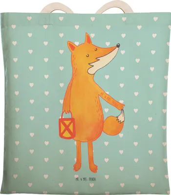 Produktbild von Mr. & Mrs. Panda Tote Bag Fuchs Laterne - Türkis Pastell - Geschenk, Sankt Martin, Tragetasche, Liebeskummer Spruch, Beutel, Einkaufstasche, Tasche, Selbstbewusst