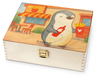 Produktbild von Mr. & Mrs. Panda Tee Box Pinguin Pommes Design - Weiß - Geschenk, Teebeutel Aufbewahrung, Jahrestag, teebox holz, Hochzeitstag, für Frauen, Partner, Valentinstag, Teedose