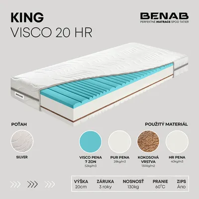 Obrázek produktu pro Matrace z viskózní pěny Benab King Visco 20 HR Matrace 85 x 195 cm H3 / H5 tvrdost 20 cm výška Matrace z viskózní pěny, Silver, Visco, Kokos, HR, PUR, 7 zón, Profilace
