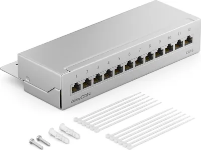 Produktbild von deleyCON CAT 6 Patchpanel Verteilerfeld 12 Port - Desktop & Wandmontage - Geschirmt - 12x RJ45 Buchse - TIA568A TIA568B Grau