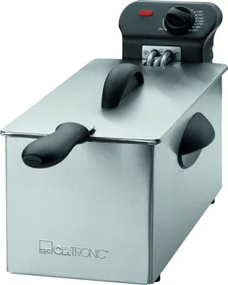 A close-up studio shot of a stainless steel deep fryer.
