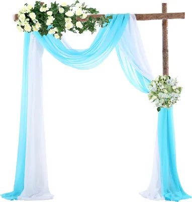Image de Mariage arc drapé en mousseline de soie 2,3 pieds (environ 0,7 m) * 18 pieds (5,49 m) Chemin de table en mousseline de soie pour la cérémonie et la réception de décoration de coulisses, 2 pièces (blanc+bleu)