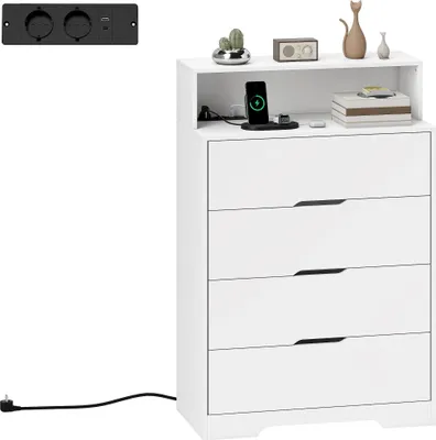 Obrázek produktu pro Komoda – úložná komoda – 4 zásuvky – nabíjecí stanice s USB a USB‑C – otevřená police – 80 × 40 × 120 cm – voděodolná – bílá
