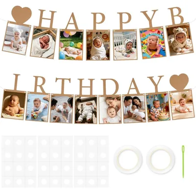 Produktbild von Happy Birthday Banner mit 15 Fotorahmen Glitter Girlande 5m Schnur