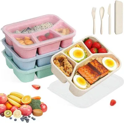 Produktbild von Famanu Snackbox 4er-Set mit 4 Fächern, Löffel-Gabel und transparenten Deckeln - Mehrfarbig