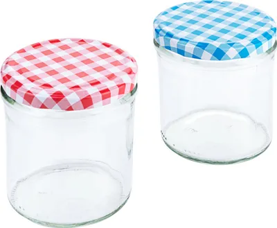 Produktbild von Einkochglas, gemischt blau und rot kariert, Variante auswählbar : 350 ml Variante: 350 ml