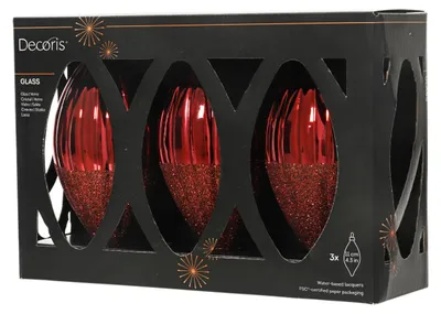 Rote Glas Weihnachtskugeln in Olivenform mit glänzender und glitzernder Oberfläche im 3er Set Ochsenblut 11cm