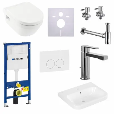 Produktbild von Villeroy & Boch Architectura Gästebad Komplett-Set mit Wand-WC DirectFlush, Waschbecken 60 cm, Armatur Chrom, Geberit Duofix Basic, Delta25, Siphon,