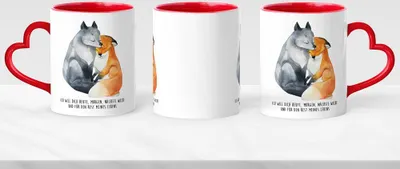 Produktbild von Tasse mit Herz-Henkel und Liebes-Spruch Ich will dich heute morgen nächste Woche Fuchspärchen Geschenk-Idee Valentinstag Freund/Freundin/Partner SpecialMe® rot Herz-Tasse