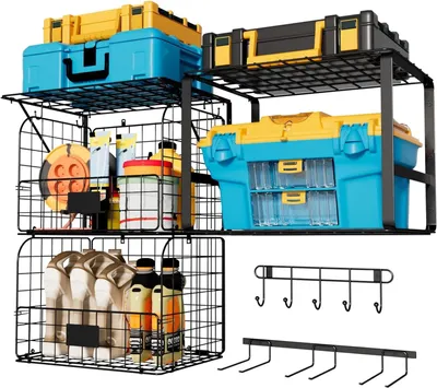 Produktbild von Garagenregal 40 x 30 x 30 cm, 3er-Set, mit Drahtkörben, schwarz, für Garage