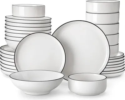 Produktbild von MALACASA, 32dílný kombinovaný servis s černým okrajem, porcelánová sada nádobí, jídelní servis s talířem, dezertním talířem, polévkovým talířem a miskou