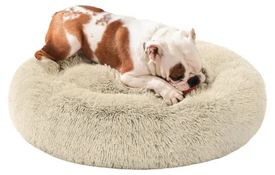 Produktbild von Feandrea Hundebett flauschig, Katzenbett, Donut Kissen, waschbar, Polsterung in der Mitte herausnehmbar, Langer Plüsch, 80 cm Durchmesser, Ombré-Khaki PGW040S01