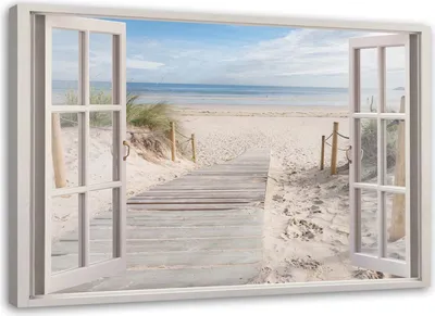 Produktbild von Leinwandbild blick aus dem fenster weg zum strand 120x80 cm Feeby beige wandbild bereit zum aufhängen