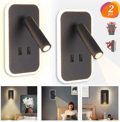 Produktbild von Wandleuchten, 2 stück LED Wandlampe mit Schalter, 6W Wandleuchte Innen LED Modern + 3W Drehbar und Schwenkbar Wandspot Leseleuchte Bettwandlampen, Aluminium 3000K