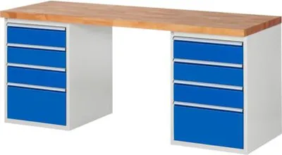 Produktbild von Werkbank mit 8 Schubladen - Vollauszug - 150:6 / 270:2 - 840 x 2.000 x 700 mm (HxBxT) - Traglast 1.000 kg - Buche