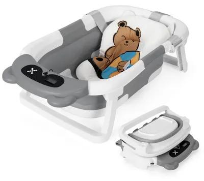 Produktbild von Vigevee Faltbare Baby Badewanne 66 × 40 cm mit Badematte, Temperaturstopfen und Bärenmotiv, 0–12 Monate, Grau