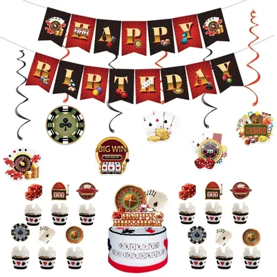 Immagine prodotto di Set di decorazioni per feste a tema casinò, con banner, topper per torta e topper per cupcake