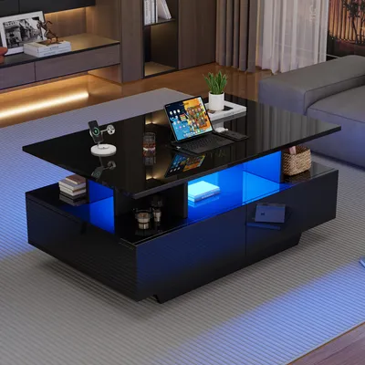 Produktbild von okwish Hochglanz-Couchtisch Beistelltisch mit LED-Beleuchtung und 2 Schubladen,Sofatisch mit Stauraum,Belastbar bis 30 kg,Schwarz