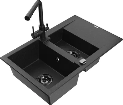 Produktbild von Mexen Gaspar 1,5-Becken-Granitspüle mit Abtropffläche und Mischbatterie Duero, Schwarz/Silber - 6507-73-671600-70-B