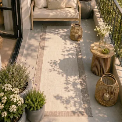 Produktbild von Volero - Balkonteppich - Sierra Border Creme Beige - 80x300 cm - Balkon, Garten / Terrasse, Flur - Boho, Modern, Skandinavisch