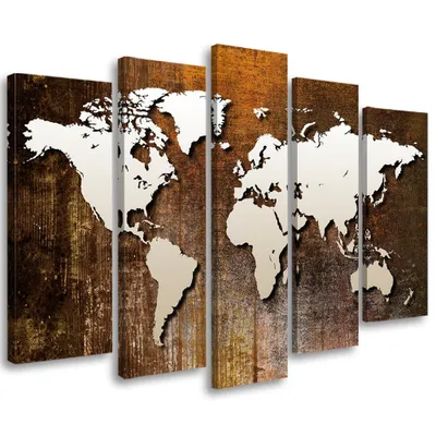Produktbild von 5-teiliges leinwandbild vintage weltkarte 200x100 cm Feeby braun wandbild bereit zum aufhängen