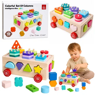 Obrázok produktu pre Drevená Montessori vzdelávacia triedička na kolieskach s tvarmi a číslami
