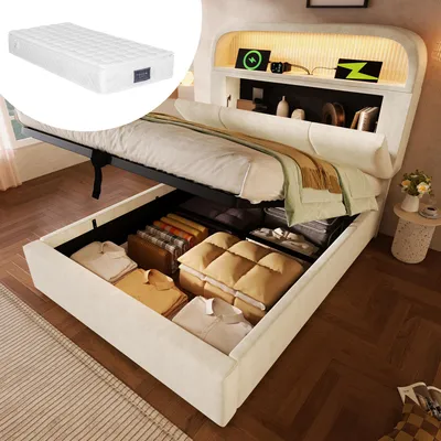 Image de Lit rembourré 90 x 200 cm avec matelas, rangement hydraulique, éclairage LED et station de recharge USB/Type-C, revêtement en velours beige