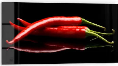 Produktbild von DEQORI Küchenrückwand Glas 80x40 cm 'Drei Chilischoten' Spritzschutz Bad Rückwand