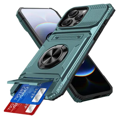 Produktbild von Dual Layer Hülle für iPhone 16 Pro mit Kartenhalter, Magnetische Ring Ständer Militärschutz Stoßfeste Handyhülle Grün