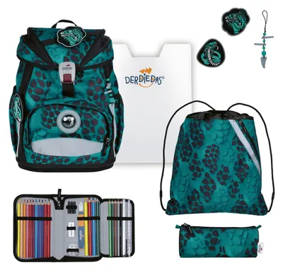 Productafbeelding van DerDieDas schooltas ErgoFlex Light Set 6-delig Reptile Rush turquoise