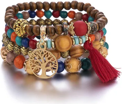 Produktbild von Boho Armband Set Damen 4-teilig – farbenfroher Modeschmuck mit Perlen & Charms, J0692