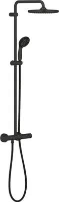 A black shower system with a rain shower head and a handheld shower head.