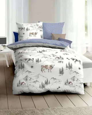 Produktbild von Kaeppel Biber Wendebettwäsche Allgäu 100% Baumwolle Reißverschluss Bettbezug Kissenbezug Wendeoptik Bettgarnitur 135x200 + 80x80 cm Blau