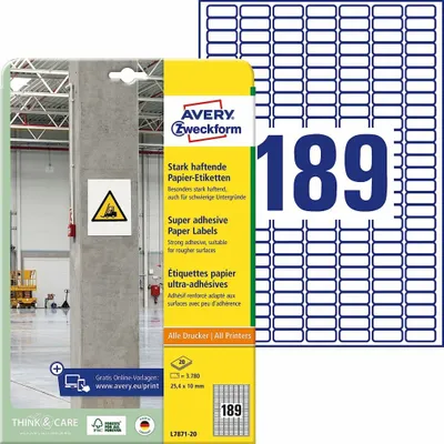 Obrázek produktu pro Avery L7871-20, Bílá, Obdélník, Permanentní, DIN A4, Papír, Laserová/inkoustová tiskárna