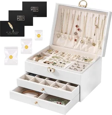 Produktbild von Famanu Schmuckbox mit Schubladen und 3 Ebenen - Schmuckorganizer für Damen Armbänder, Ohrringe, Halsketten, Ringe, Uhren - Weiß