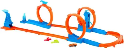 Produktbild von Hot Wheels Track Creator Dreifach-Looping-Pack und Spielzeugauto im Maßstab 1:64, Trackbauset