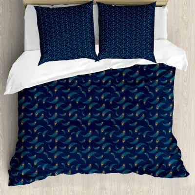 Produktbild von ABAKUHAUS Pfau Bettbezug Set für Einzelbetten, Bohemian Schwimmdock Federn, Milbensicher Allergiker geeignet mit Kissenbezug, 155 cm x 220 cm - 80 x 80 cm, Mehrfarbig