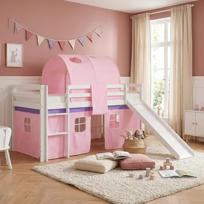 Produktbild von Homestyle4u Hochbett 90x200 mit Rutsche Set mit Matratze ® Standard 100 Lattenrost Vorhang Tunnel Rosa Mädchen Kinderbett Weiß Holz Kiefer Massiv Jugendbett Spielbett