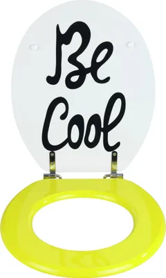 A toilet seat lid and seat are shown against a white background. The lid has the words "Be Cool" written on it in black script.