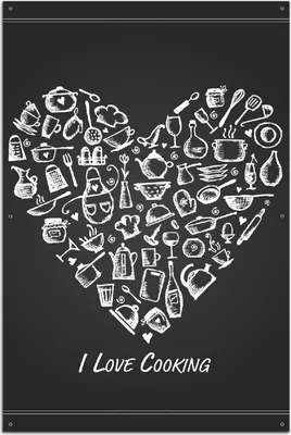 Produktbild von Wallario Outdoor-Poster für Garten oder Balkon, Motiv I Love Cooking - Herz aus Küchenutensilien in schwarz weiß, in ca. 61 x 91,50 cm