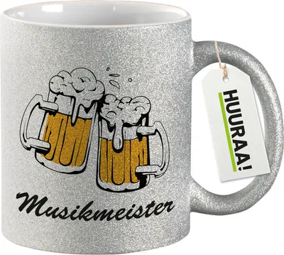 Produktbild von Huuraa Glitzertasse Musikmeister Schützenfest 330ml Silber Keramik Kaffeebecher Geschenkidee