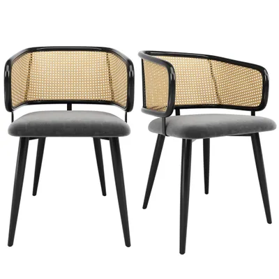 Produktbild von Rattan Esszimmerstuhl mit Armlehnen, Set aus 2, langlebiges PE-Imitationsrattan, Kunstlederkissen, rutschfeste Bodenschutzpads, Grau