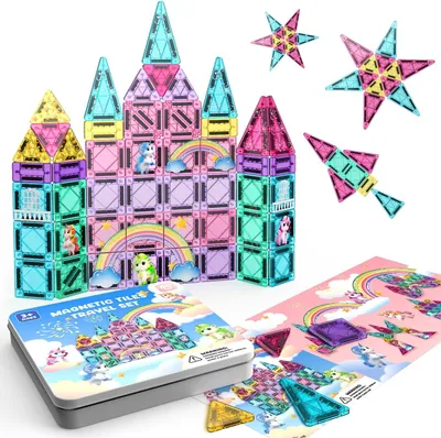Produktbild von Magnetische Bausteine 60 Teile, Einhorn Magnetspielzeug, Montessori Reiseset Spielzeug Tragbare STEM Bausteine, Mini Magnetische Fliesen für Jungen