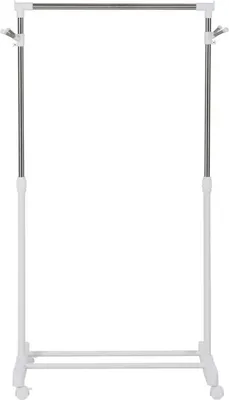 Image de Portemanteau sur roulettes, réglable en hauteur, avec tablette inférieure, 4 roulettes, blanc