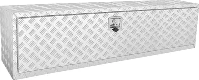 A silver aluminum truck tool box with a diamond plate pattern and a latch is shown against a white background.
