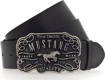 A black leather belt with a decorative metal buckle.
