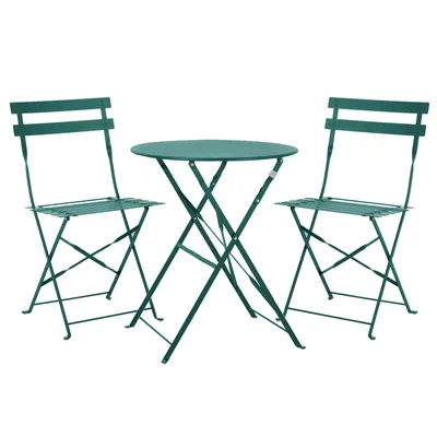 A dark green metal bistro set with a round table and two chairs, shown on a white background.