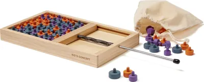 A wooden board game with colorful pegs and a metal rod, along with a drawstring bag of pegs.