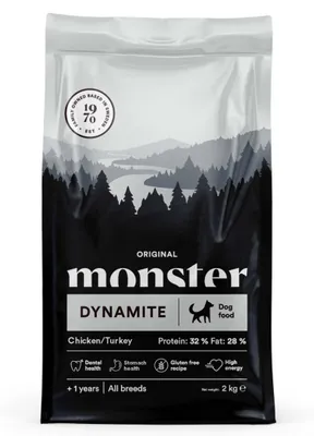 Zdjęcie produktu dla Monster Dog Original Dynamite 2kg Bezglutenowa Sucha Karma Dla Dorosłych Psów Aktywnych z Kurczakiem i Indykiem